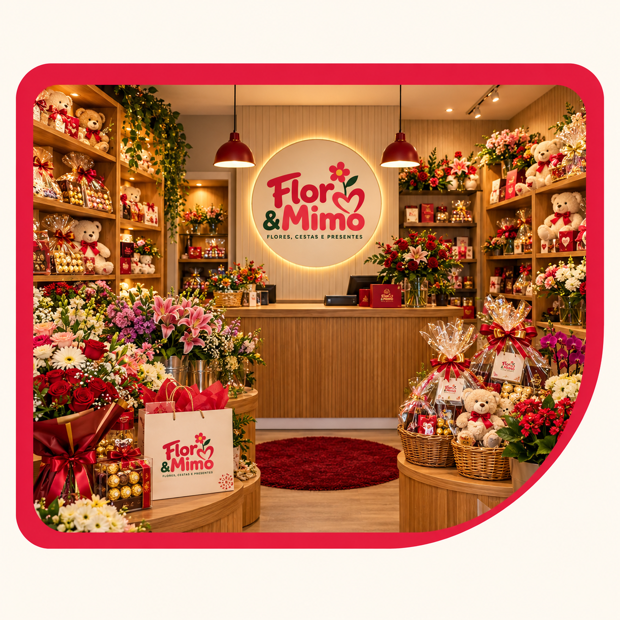 Mockup da loja Flor & Mimo com flores, cestas e a identidade visual da marca